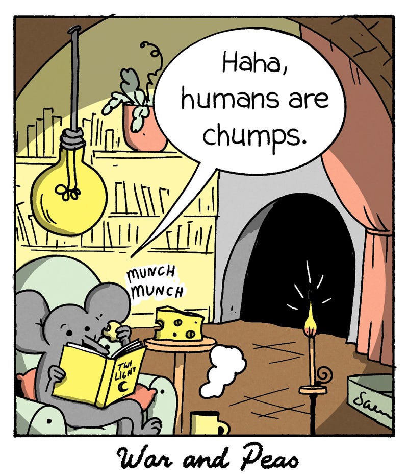 Panel 8: "Comic panel where the mouse escapes with cheese and joins other mice in a cozy home, saying 'Haha, humans are chumps.'"