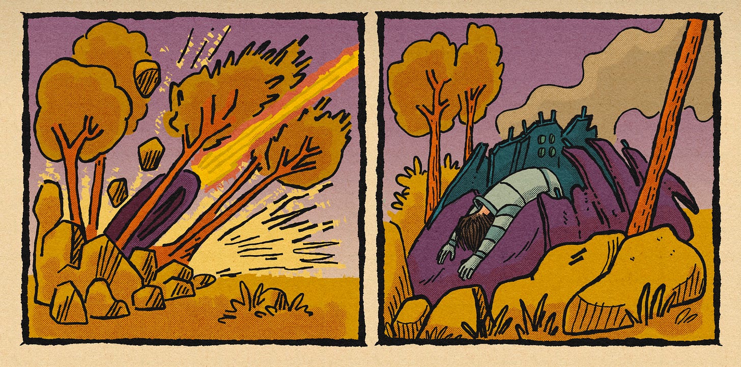 Two comic panels from Nova Unbound. In the first, a spacecraft crashes through alien trees in a fiery impact. In the second, the wreckage lies smoking in a strange landscape as the astronaut hangs limp across the damaged hull. Two comic panels from Nova Unbound. In the first, a spacecraft crashes through alien trees in a fiery impact. In the second, the wreckage lies smoking in a strange landscape as the astronaut hangs limp across the damaged hull.