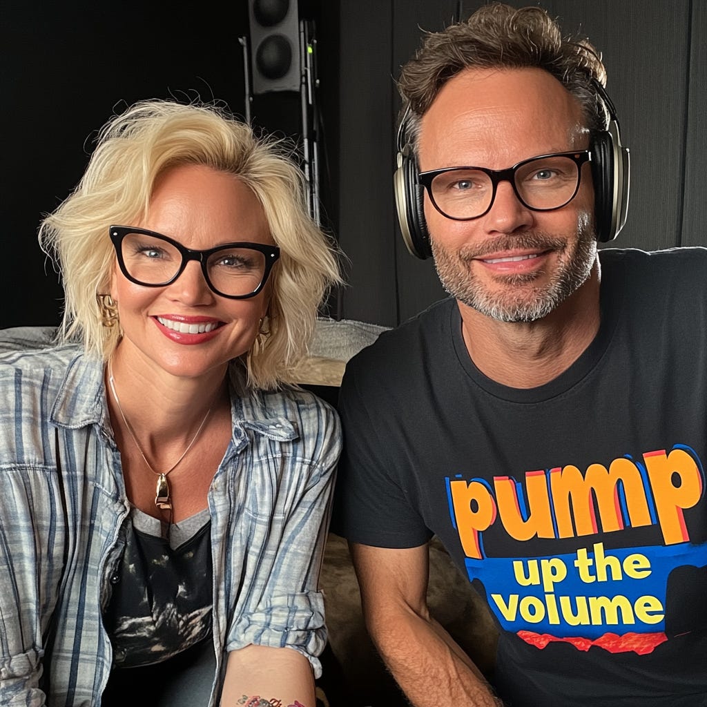 A reimagined image of Mark and Samantha created using MidJourney, based on characters from The Liat Show, with Mark wearing a “pump up the volume” T-shirt and headphones, and Samantha in a plaid shirt with short blonde hair, both smiling against a podcast studio background.