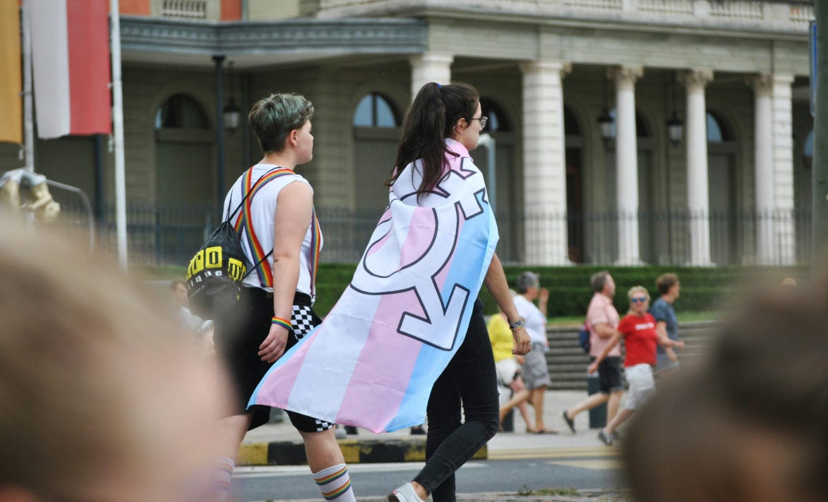 A pair of LGTBQ activists walk in a parade. A pair of LGTBQ activists walk in a parade.