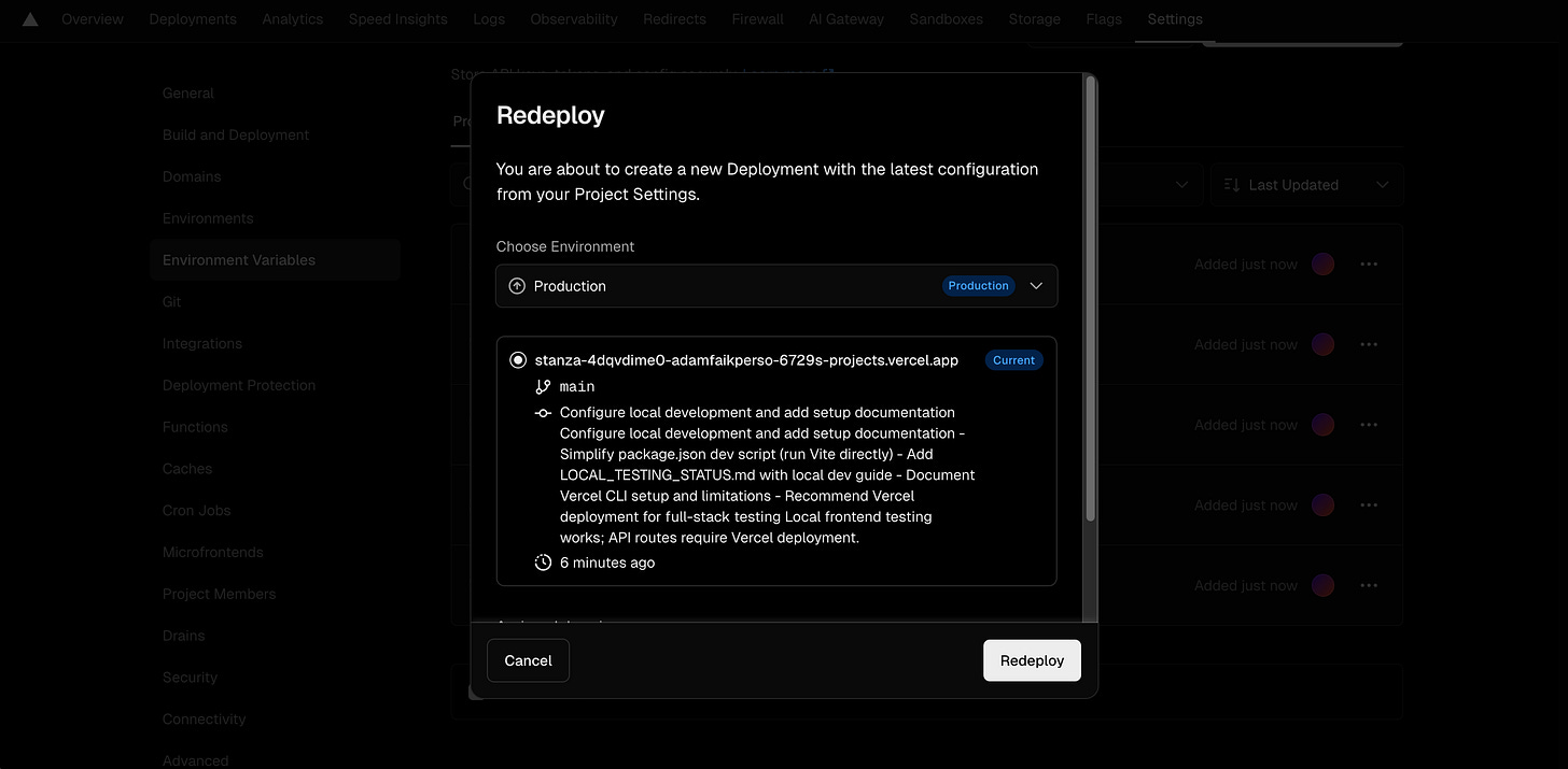 The Vercel interface shows a popup window to confirm a redeployment for the production environment. The Vercel interface shows a popup window to confirm a redeployment for the production environment.