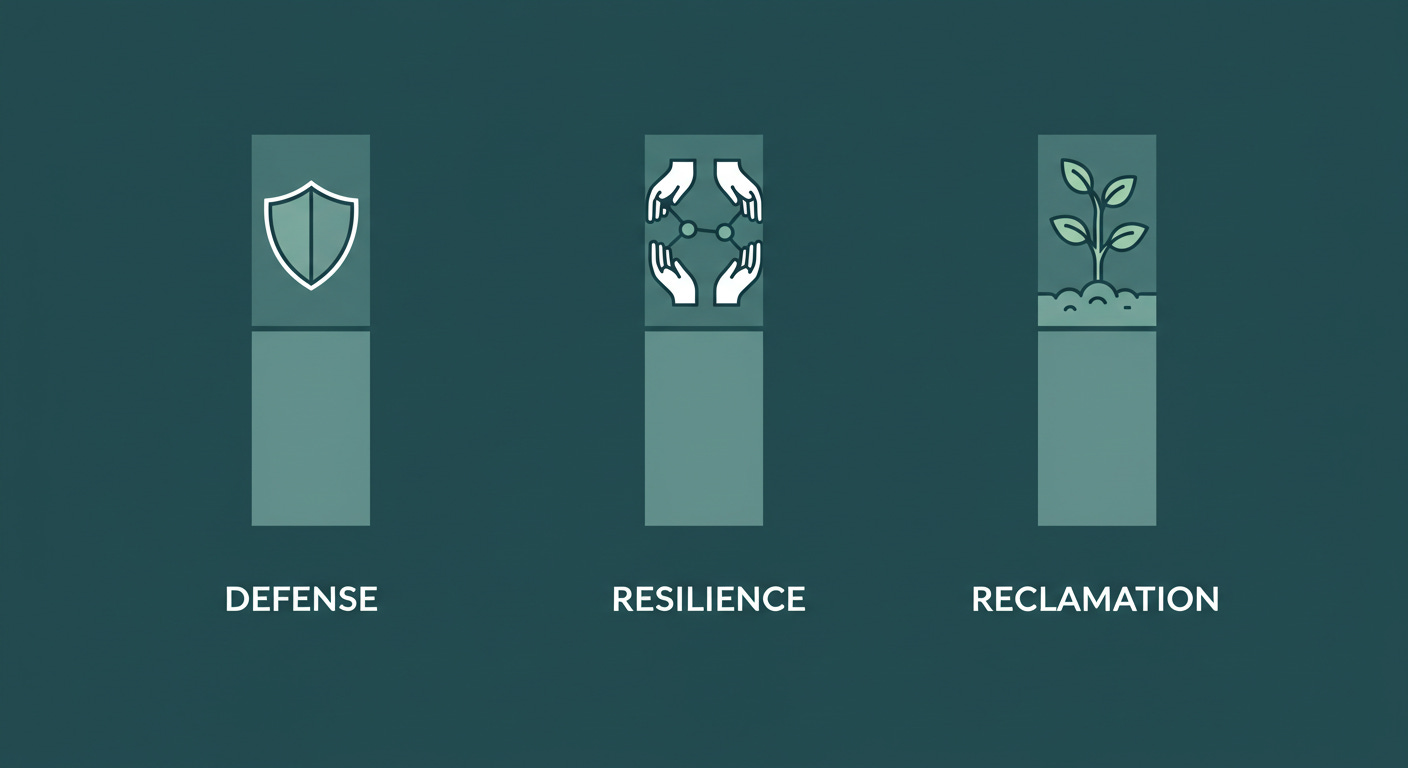 Alt text: Simple graphic novel style illustration showing three vertical pillars side-by-side. The first pillar, labeled 'DEFENSE', contains a shield icon. The second pillar, labeled 'RESILIENCE', contains an icon of interconnected lines or helping hands. The third pillar, labeled 'RECLAMATION', contains an icon of a seedling or forward-pointing arrow. The graphic visually represents the three key fronts of the resistance strategy. Alt text: Simple graphic novel style illustration showing three vertical pillars side-by-side. The first pillar, labeled 'DEFENSE', contains a shield icon. The second pillar, labeled 'RESILIENCE', contains an icon of interconnected lines or helping hands. The third pillar, labeled 'RECLAMATION', contains an icon of a seedling or forward-pointing arrow. The graphic visually represents the three key fronts of the resistance strategy.