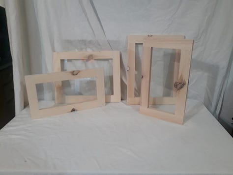 Some leftover glass and wood from previous frames put to use on these 2 - 11" X 12" and 2 - 8" X 12" pine frames.