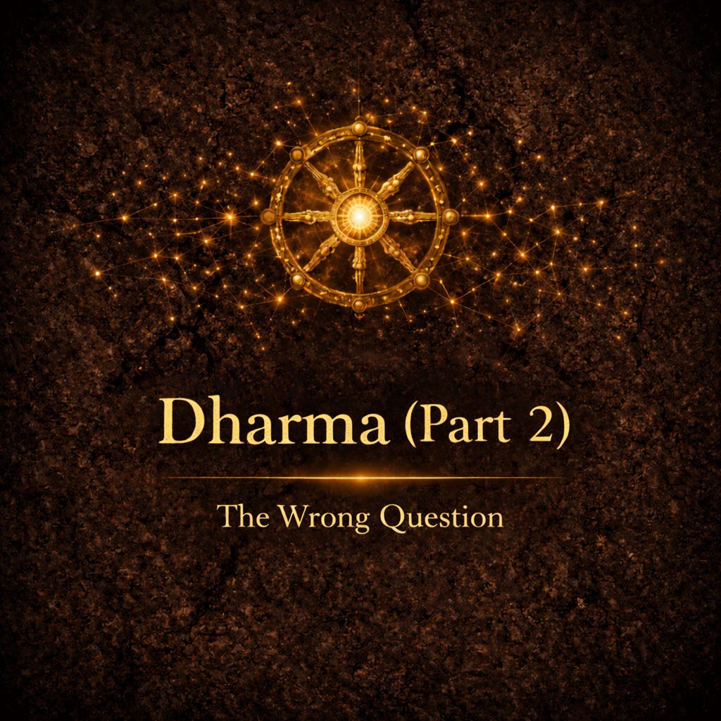 A dramatic title graphic with a dark textured background and glowing golden elements. At the top is an ornate wheel-like symbol surrounded by sparkling interconnected lights. Large gold serif text in the center reads “Dharma (Part 2).” Beneath it, smaller text says: “The Wrong Question.” The overall design has a mystical, epic, and cinematic feel.