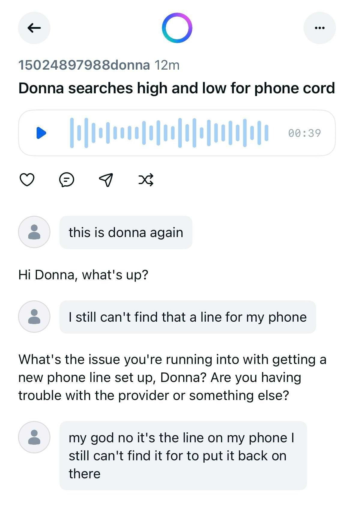 Screenshot from Meta’s AI app showing user ‘Donna’ searching for a missing phone-handset cord while the chatbot mistakenly offers telecom setup help—classic example of boomer overshare meets AI confusion.