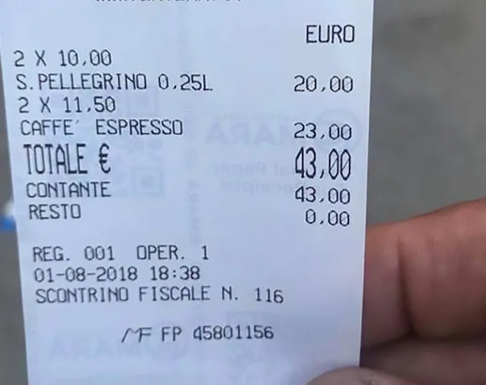 The rip-off bill charged 20 Euros for two waters and 23 Euros for two coffees. (CEN) The rip-off bill charged 20 Euros for two waters and 23 Euros for two coffees. (CEN)