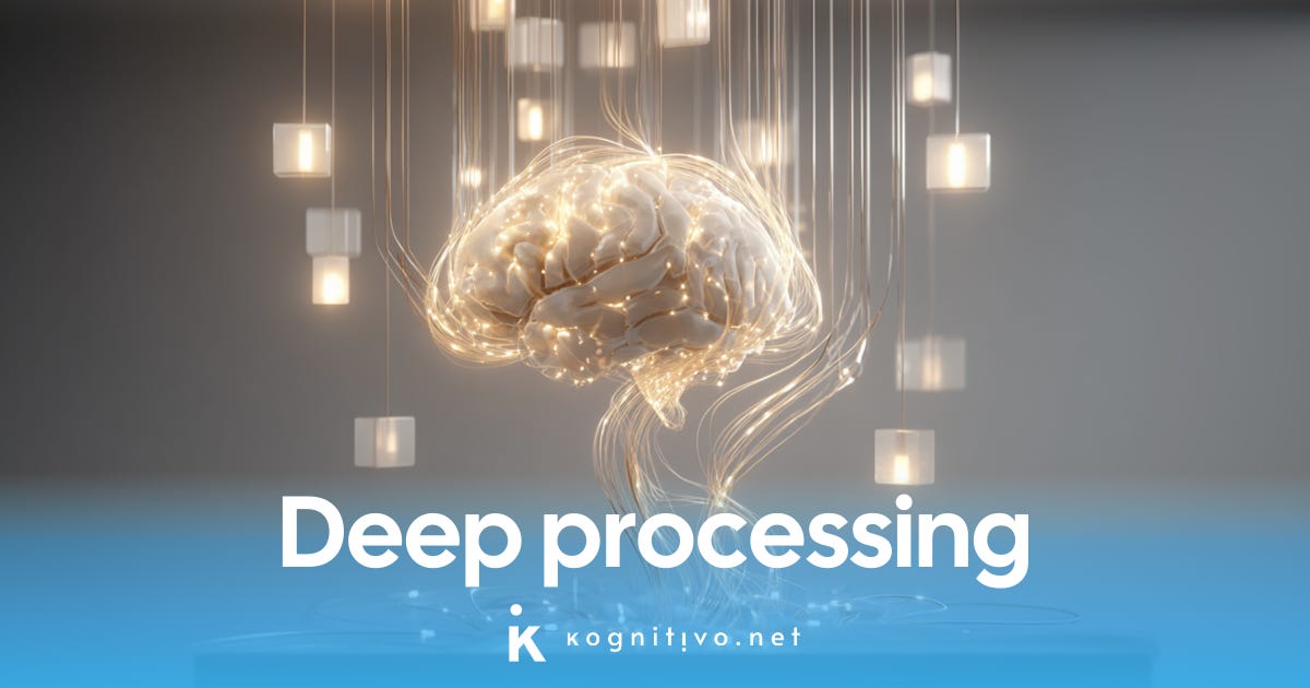 Artistic visualization of a brain engaging with ideas representing "deep processing". Artistic visualization of a brain engaging with ideas representing "deep processing".