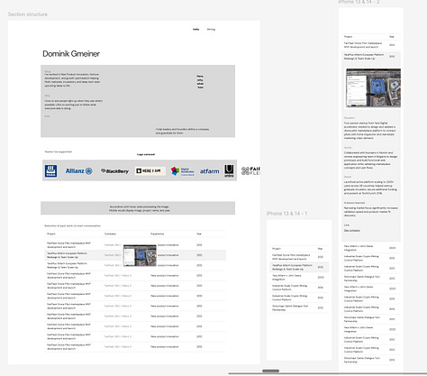 This is a screenshot of Figma designs progressing in fidelity. They are mobile, tablet, and desktop with mostly black and white showing logos.