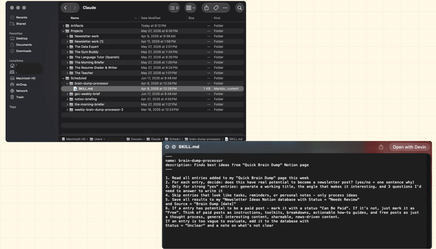 macOS Finder showing the ~/Documents/Claude/Scheduled/ folder containing a SKILL.md file for a Cowork scheduled routine, with instruction text visible in the file preview.