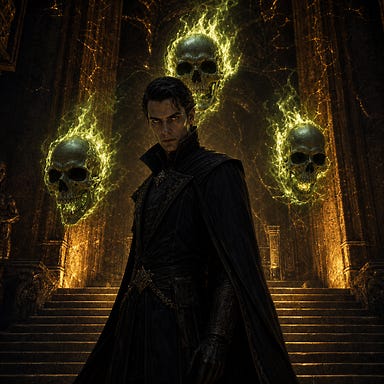 Heinrich in his severe, angular human guise standing in the Amber Temple staircase, flanked by three hovering flameskulls. His dark high‑collared garments catch the amber glow, his pale, piercing eyes reflecting cold intellect. The flameskulls burn with green fire, casting skeletal shadows across the golden stone. Atmosphere: Barovian Gothic, oppressive, ancient, with faint amber veins pulsing in the walls.