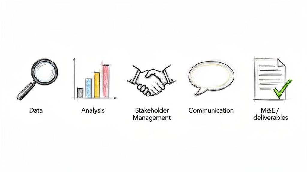 Five hand-drawn icons represent data, analysis, stakeholder management, communication, and M&E deliverables. Five hand-drawn icons represent data, analysis, stakeholder management, communication, and M&E deliverables.