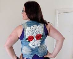 Suzanna Fitzpatrick wearing a denim waistcoat customised with a calavera - a Mexican ornamental skull - made of lace.