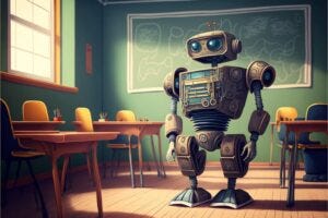 Machine learning, artificial intelligence. Robot studying in the classroom in school. Generative AI.