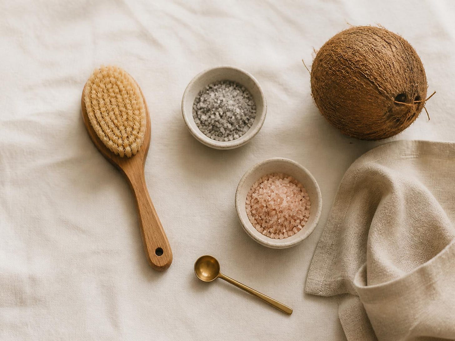 A minimalist wellness flatlay featuring a wooden dry brush, bowls of pink Himalayan and grey sea salt, a whole coconut, and a gold spoon on a linen cloth. A minimalist wellness flatlay featuring a wooden dry brush, bowls of pink Himalayan and grey sea salt, a whole coconut, and a gold spoon on a linen cloth.
