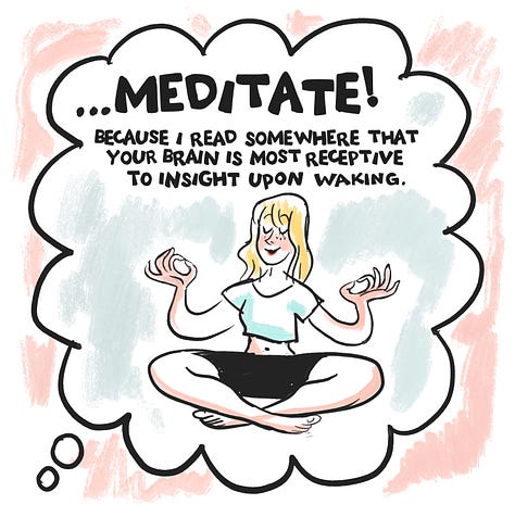 comic showing Claire debating what step comes first in new morning routine. New resolution: be more decisive. 