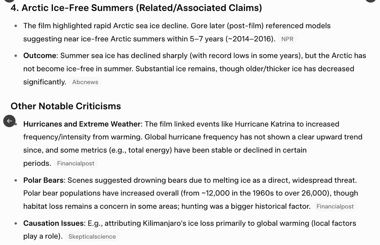 Text discussing Arctic sea ice decline, summer ice conditions, and criticisms related to climate change impacts on weather events and wildlife. Text discussing Arctic sea ice decline, summer ice conditions, and criticisms related to climate change impacts on weather events and wildlife.