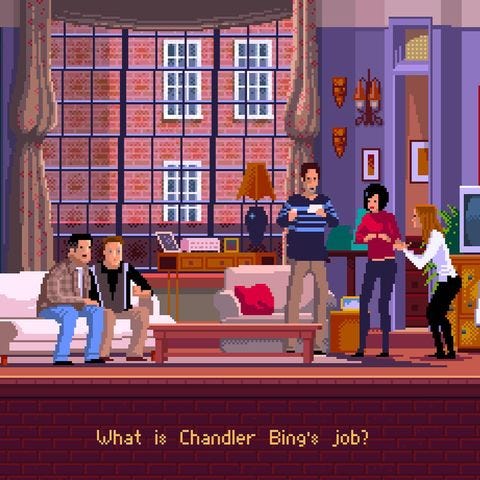 Opera pixellata dell'artista Gustavo Viselner, che riproduce l'interno dell'appartamento della serie tv Friends. Due uomini sono seduti su un divano, vicino a un tavolinetto basso. Un altro uomo legge un bigliettino mentre due donne accanto a lui sembrano mimare per gli altri due uomini la frase da indovinare. Le pareti dell'appartamento sono violetto, sullo sfondo un grande finestrone mostra un edificio in mattoni rossi con finestre che sta dall'altro lato della strada. Sotto l'immagine, in sovrimpressione, compare la scritta "What is Chandler Bing's job?" [traduzione: Qual è il lavoro di Chandler Bing]