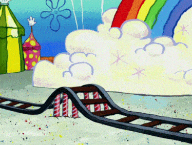 a cartoon of a roller coaster with a rainbow and clouds in the background