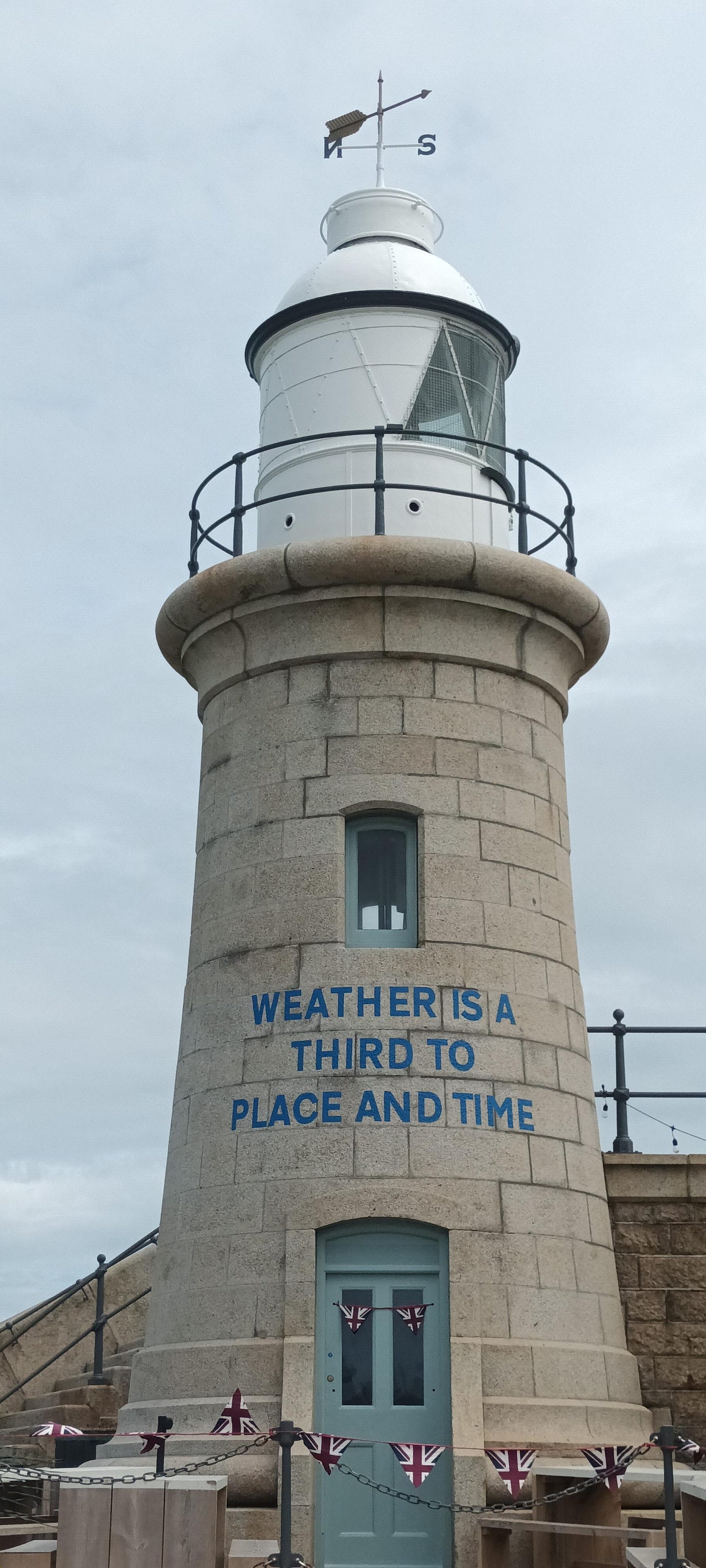 The lighthouse at Folkestone, text reading "Weather is a third to place and time"
