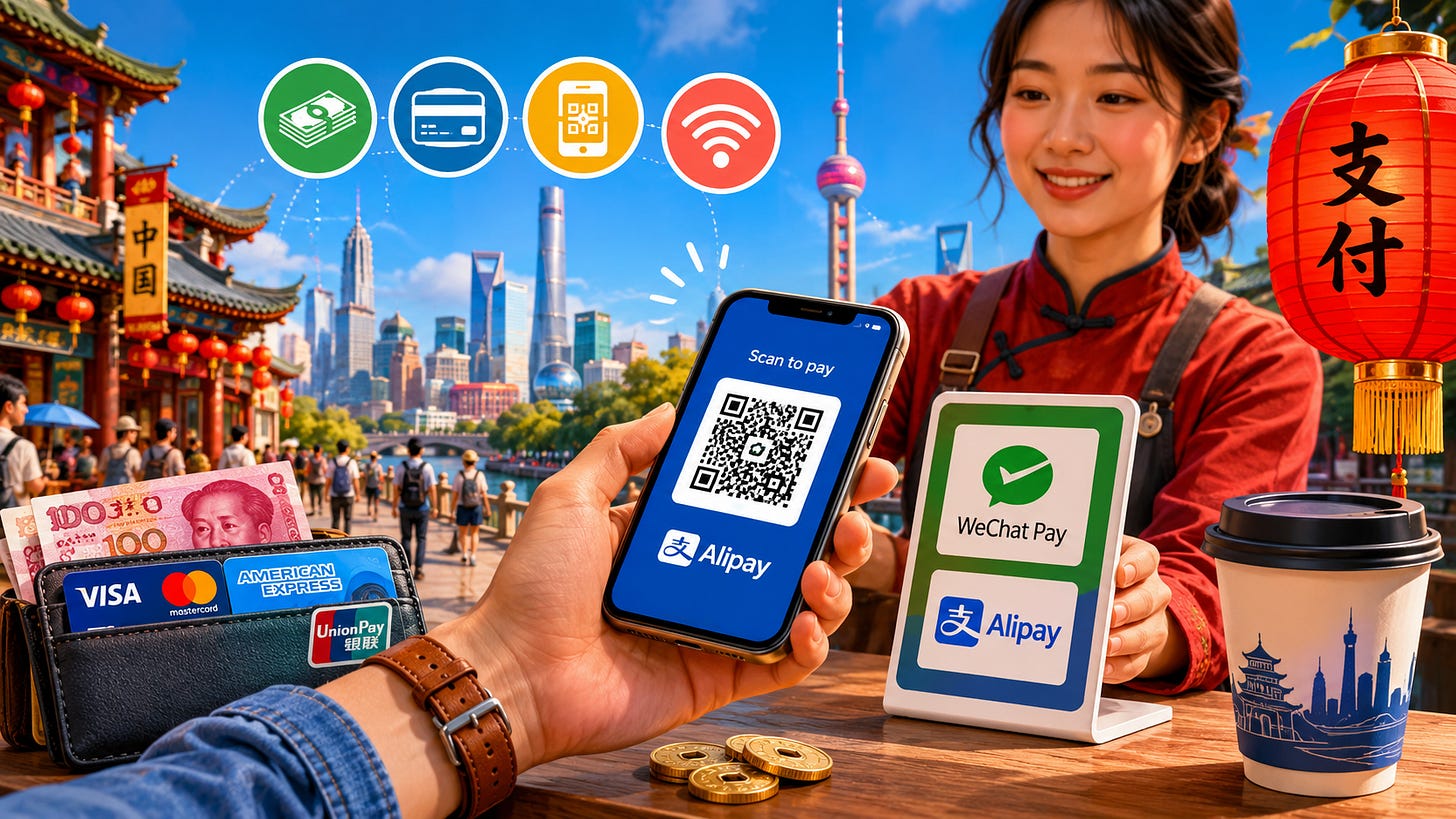 Turista che paga tramite smartphone in un negozio cinese con QR code visibili e ambiente urbano moderno sullo sfondo.