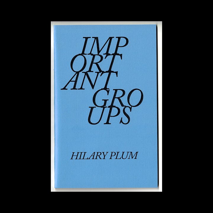 Images of the front and back cover of the chapbook "Important Groups," in red and blue