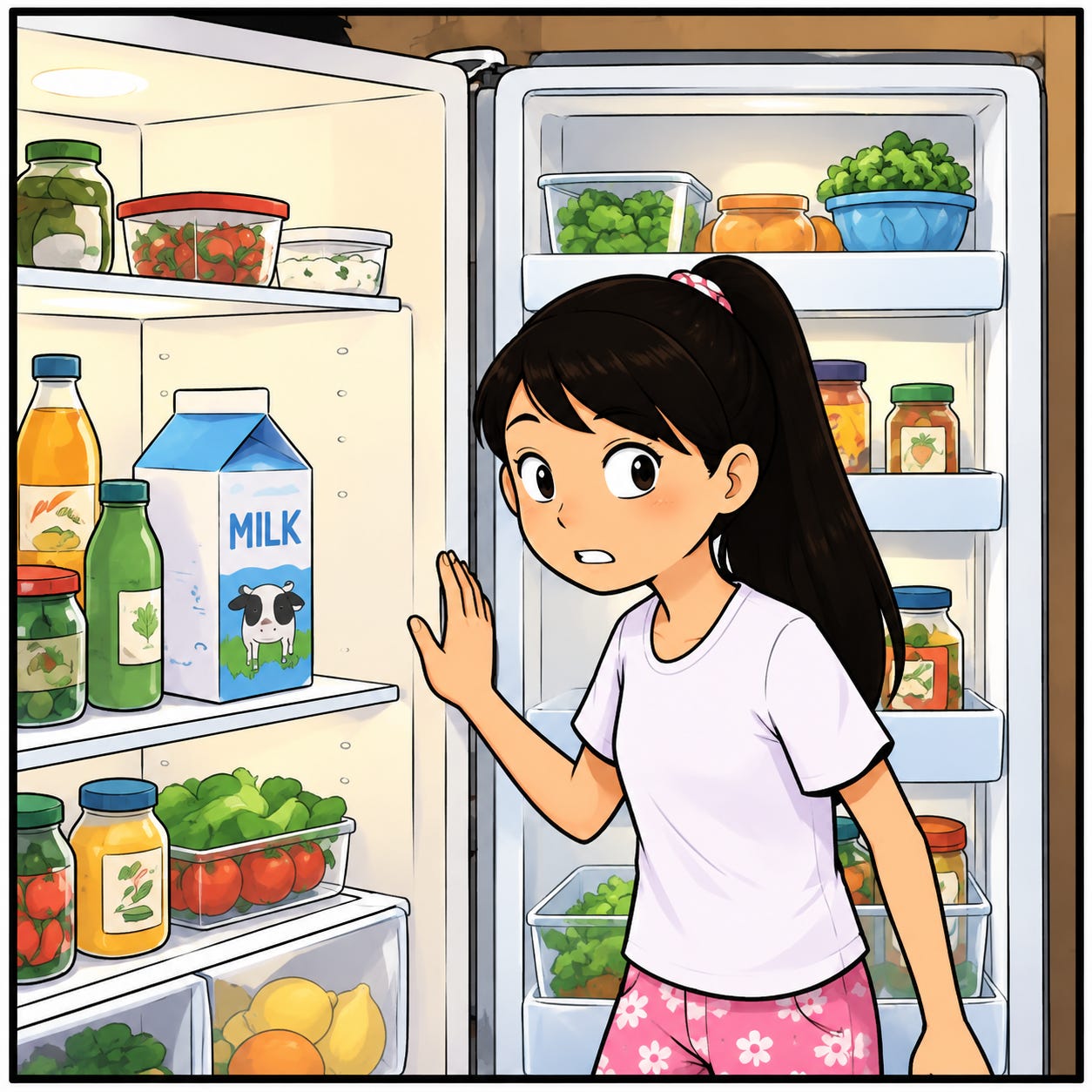 Zara checks the fridge while Omie spots the pickle jar.