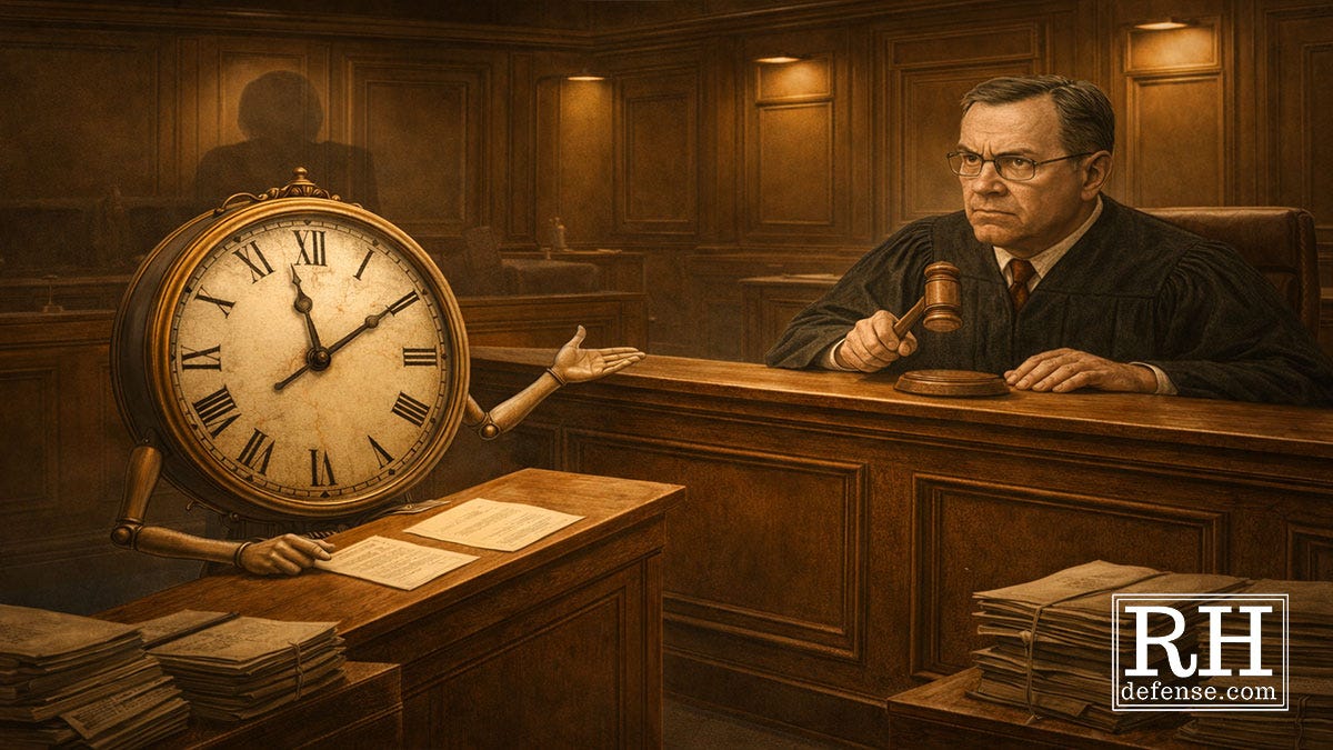 Surreal illustration of a courtroom where an anthropomorphic clock stands at counsel table, gesturing toward a judge holding a gavel, as stacks of case files surround them, suggesting time itself arguing before the court.
