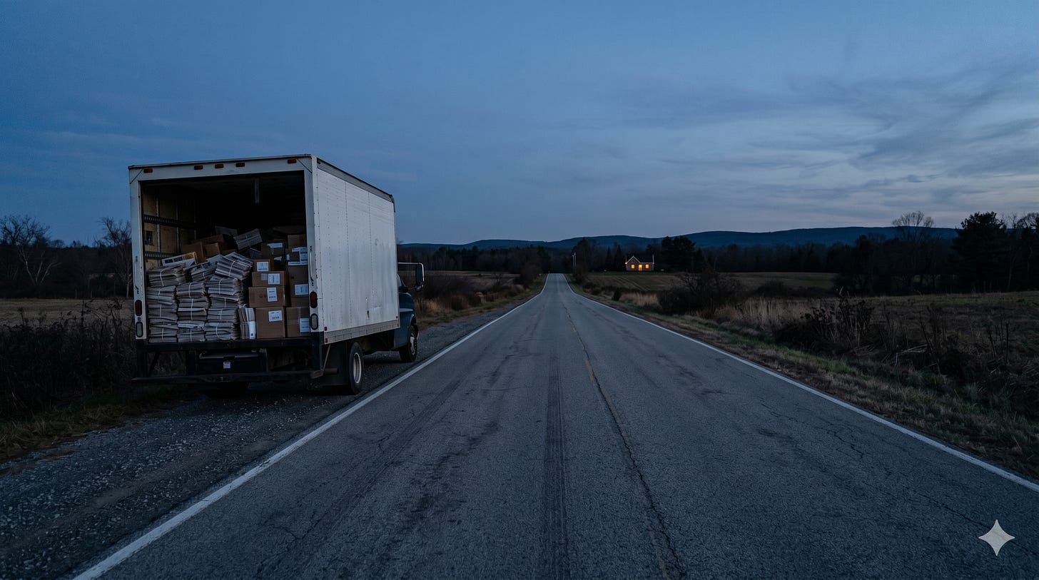 A delivery truck with its back doors open, loaded with bundled newspapers and cardboard boxes, parked on the shoulder of an empty rural road at dusk. A single house with lights on is visible in the far distance at the end of the road. The scene is quiet and dimly lit under a blue-gray evening sky.