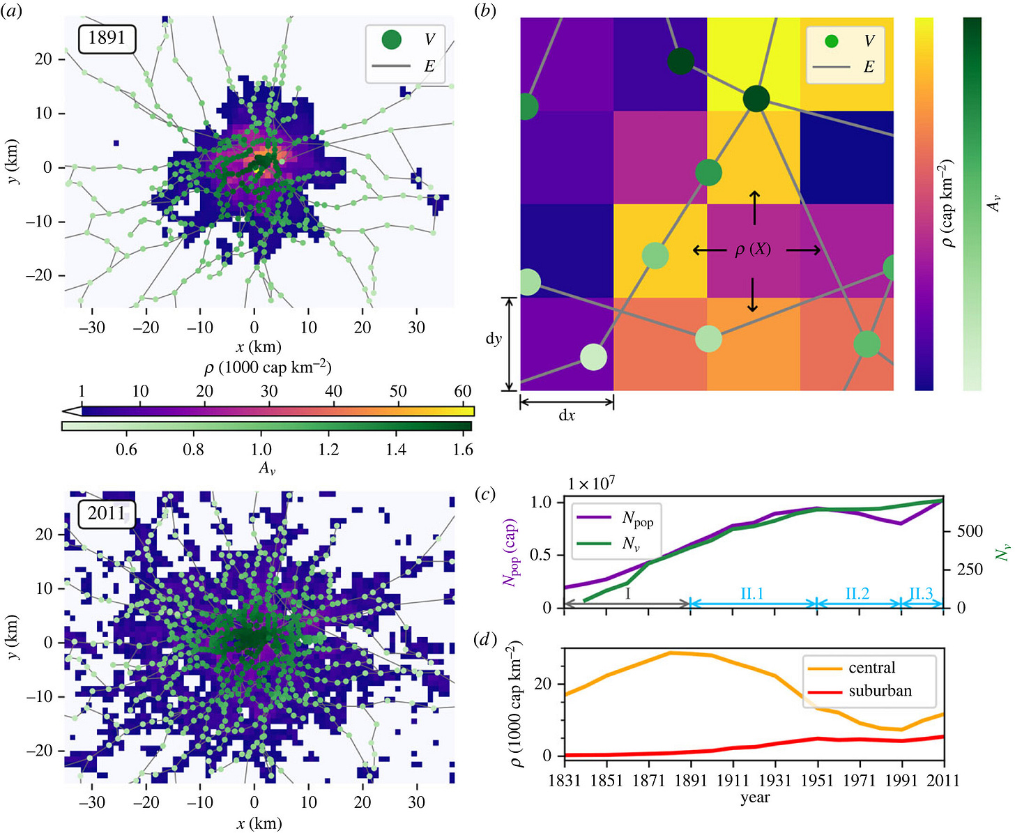 London space–time evolution. (a) Observed residential population density ρ () and rail network (National Rail, Underground, Overground and DLR) for 1891 and 2011. Station nodes (V) are coloured by accessibility Av. Rail line edges (E, grey) are represented by straight lines, which connect stations according to the real network topography but are not representative of the actual geography. For the Greater London model domain, the spatial discretization is dx = dy = 1 km. (b) An illustration of the model interactions including the model grid, ρ, the diffusion of ρ (represented by arrows), the transport network station nodes (V) and rail line edges (E), are also shown. (c) Number of stations (Nv, green) and total population (Npop, cap, purple) within the entire domain for the study period 1831–2011, and the phases of diffusion-limited (grey arrows) and reaction–diffusion (blue arrows) growth. (d) ρ (cap km−2) within representative central (orange) and suburban (red) areas. London space–time evolution. (a) Observed residential population density ρ () and rail network (National Rail, Underground, Overground and DLR) for 1891 and 2011. Station nodes (V) are coloured by accessibility Av. Rail line edges (E, grey) are represented by straight lines, which connect stations according to the real network topography but are not representative of the actual geography. For the Greater London model domain, the spatial discretization is dx = dy = 1 km. (b) An illustration of the model interactions including the model grid, ρ, the diffusion of ρ (represented by arrows), the transport network station nodes (V) and rail line edges (E), are also shown. (c) Number of stations (Nv, green) and total population (Npop, cap, purple) within the entire domain for the study period 1831–2011, and the phases of diffusion-limited (grey arrows) and reaction–diffusion (blue arrows) growth. (d) ρ (cap km−2) within representative central (orange) and suburban (red) areas.