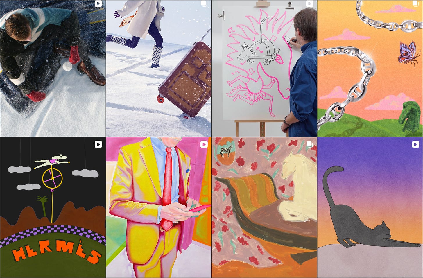 recorte de la grilla de instagram de hermès mostrando diferentes dibujos, animaciones y fotos relacionadas a la marca