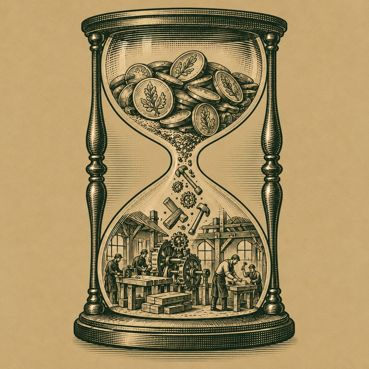 An engraved hourglass in green on tan: coins in its upper bulb flow through time into tools, machinery and a working enterprise in its lower bulb.