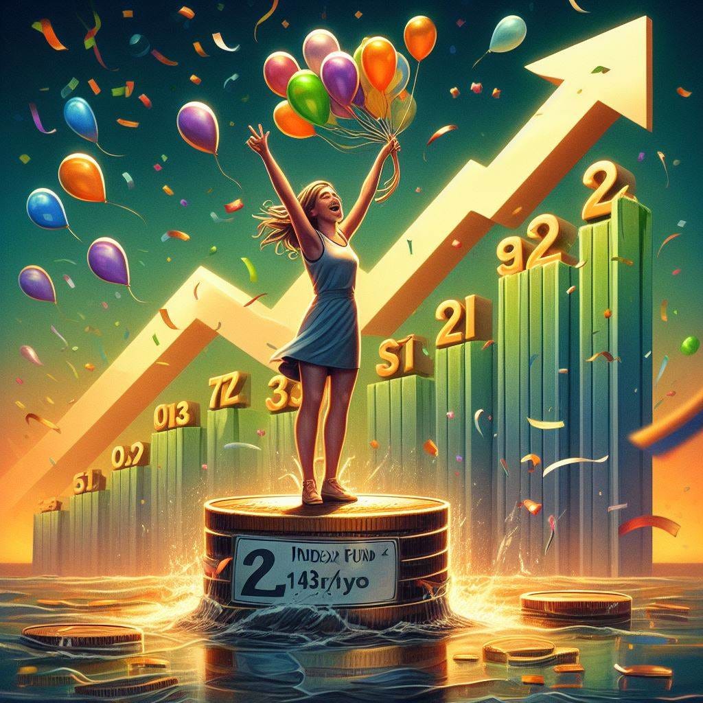 Give me an image to celebrate the doubling of an index fund. The image should be celebratory in nature, but also indicate the fact that the fund went up and down along the way to reach here. It did so in 7 years and 3 months. Please use the digit 2 as part of the image and no text in the image