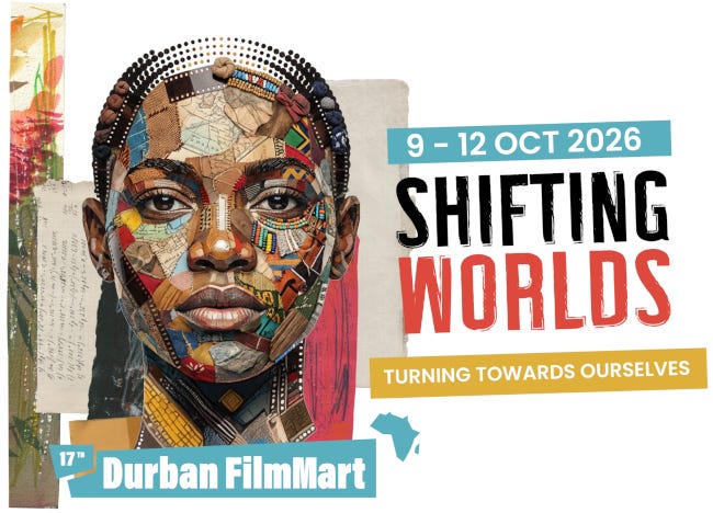 Affiche du festival représentant une femme noire, à la chevelure en pellicules de cinéma, nous regardant droit dans les yeux. À droite, le titre : "Shifting Worlds". Affiche du festival représentant une femme noire, à la chevelure en pellicules de cinéma, nous regardant droit dans les yeux. À droite, le titre : "Shifting Worlds".