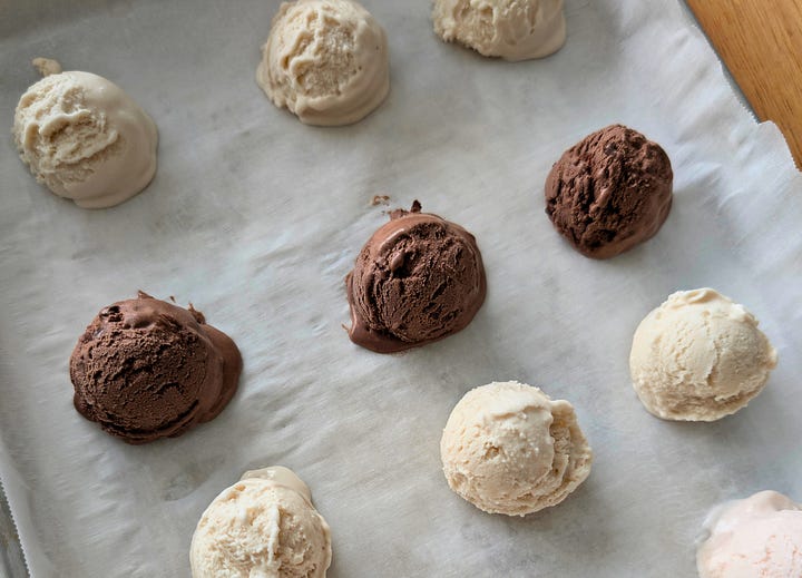 Step-by-step process of making homemade mochi ice cream, including ingredient prep, scooped plant-based ice cream, rolled-out mochi dough, and wrapped mochi balls ready for freezing.