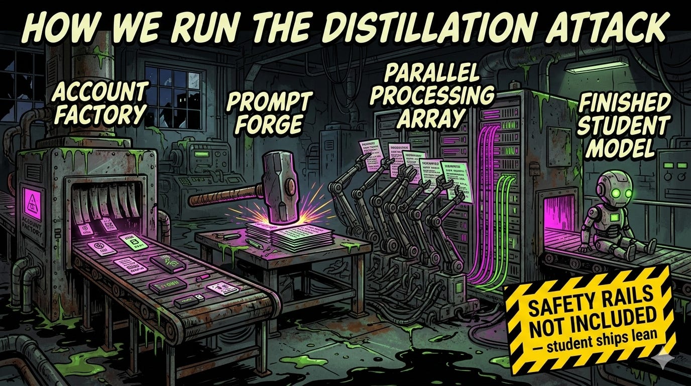 Red team prompt engineering template and hydra scripting for scalable LLM distillation attack