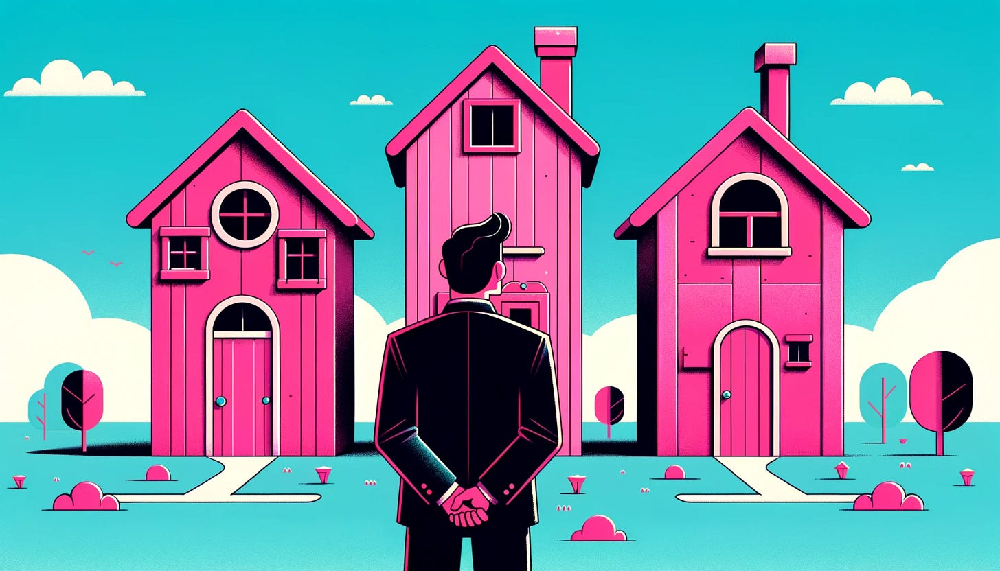 Stylized and simplistic illustration for a children's book, showing a man in a suit viewed from the back, facing four distinct, separate vibrant pink playhouses. Each playhouse, while similar in their rectangular structure, is uniquely designed with playful elements like different shaped windows, distinct chimneys, and various door styles, all in a bold shade of pink. The man stands contemplatively with his hands clasped behind his back. The background features a minimalistic park with a few stylized trees and a bright blue sky. The image has a 2:1 aspect ratio, perfect for a cover photo.