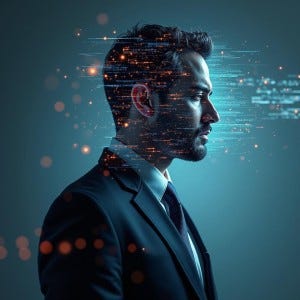 Corporate suit transforming into a digital avatar