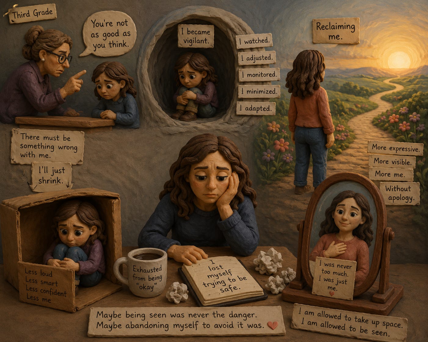 An introspective, emotionally grounded visual representing the experience of shrinking oneself to survive emotionally. The image evokes themes of visibility, self-protection, emotional exhaustion, identity, and reclaiming authenticity after years of self-monitoring and adaptation.
