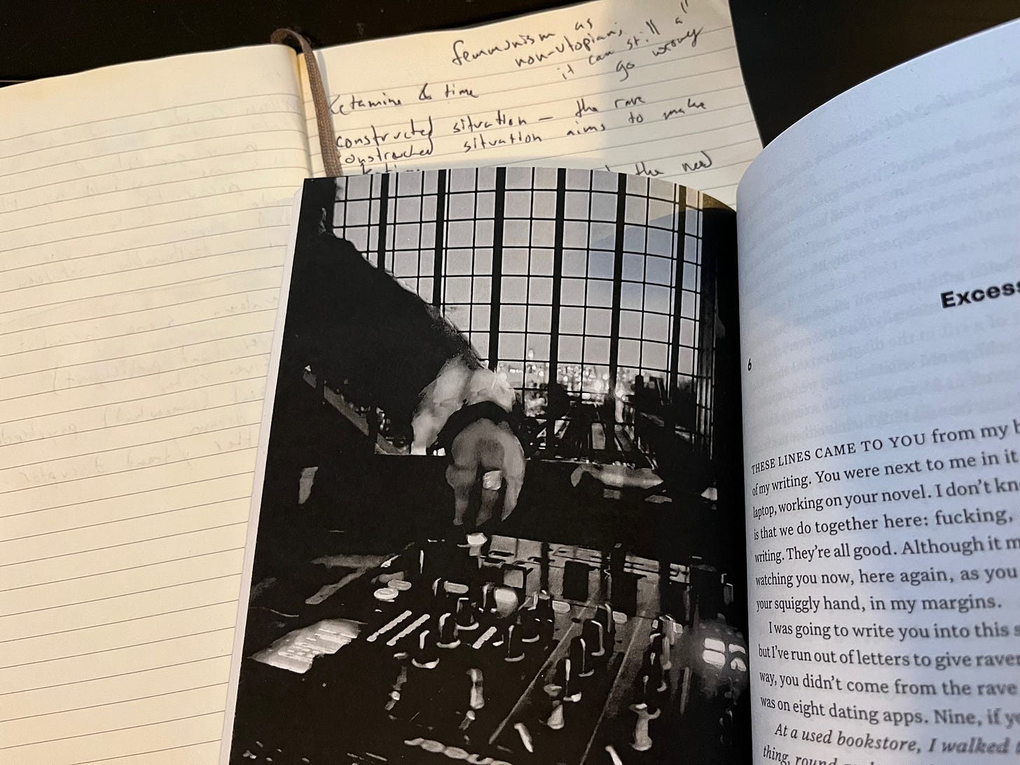 An open page of McKenzie Wark's book "Raving" rests on top of my notebook