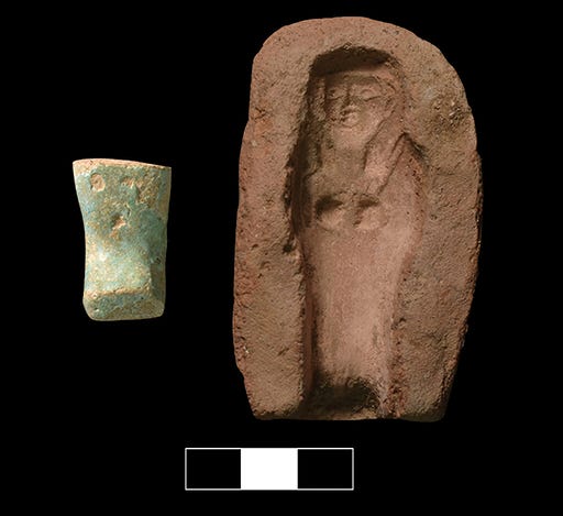 A green faience shabti without an inscription, excavated in the workshop (left), and the matching clay mould from inside the Sanam Temple, Napata, Sudan (right). Photo from Lemos et al. 2026, Antiquity, CC BY 4.0. A green faience shabti without an inscription, excavated in the workshop (left), and the matching clay mould from inside the Sanam Temple, Napata, Sudan (right). Photo from Lemos et al. 2026, Antiquity, CC BY 4.0.