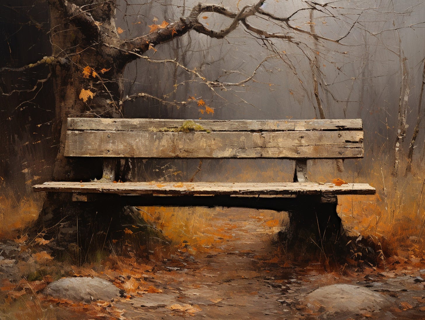 Painting of an empty bench in autumn