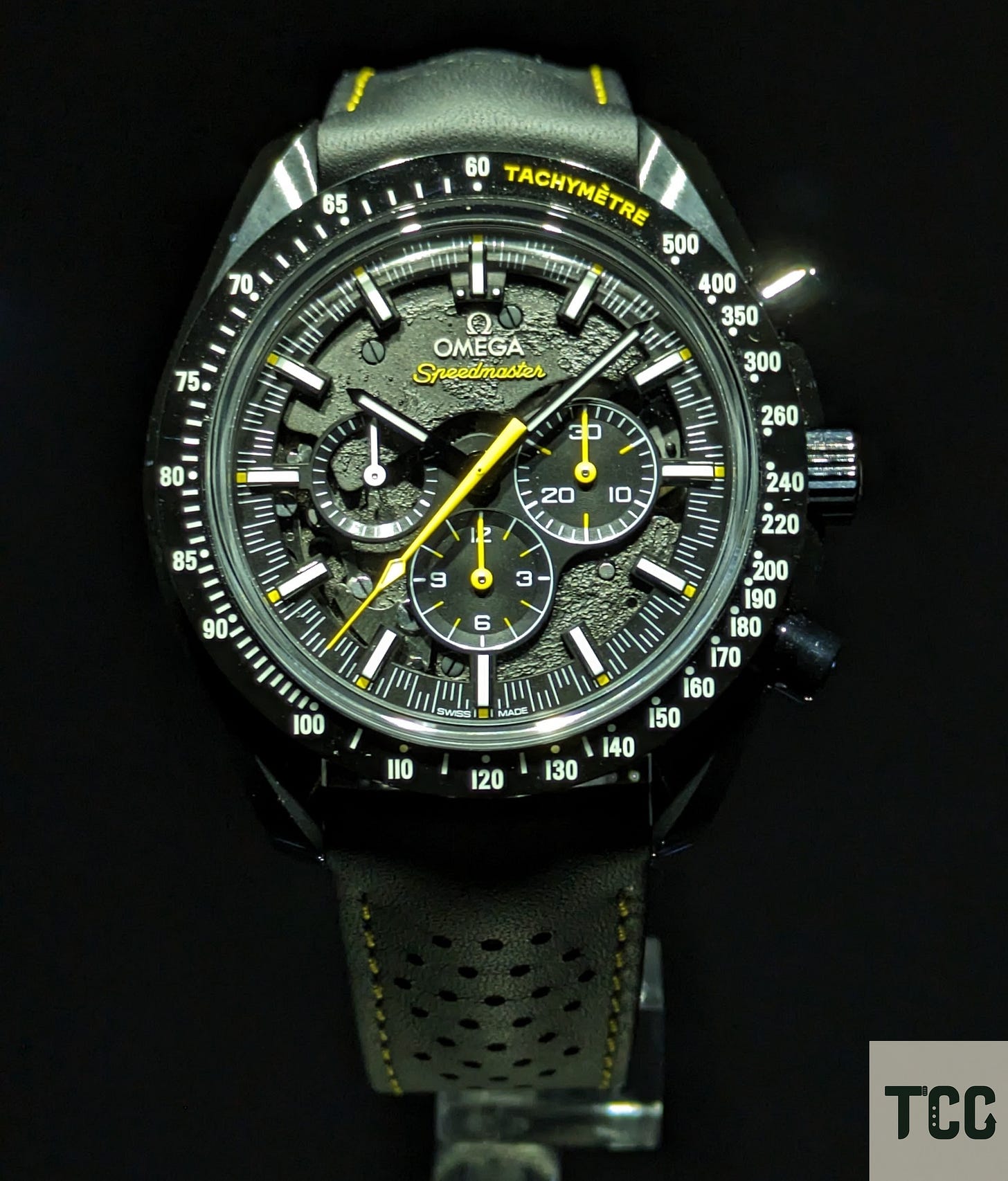 A close-up of an OMEGA watch.