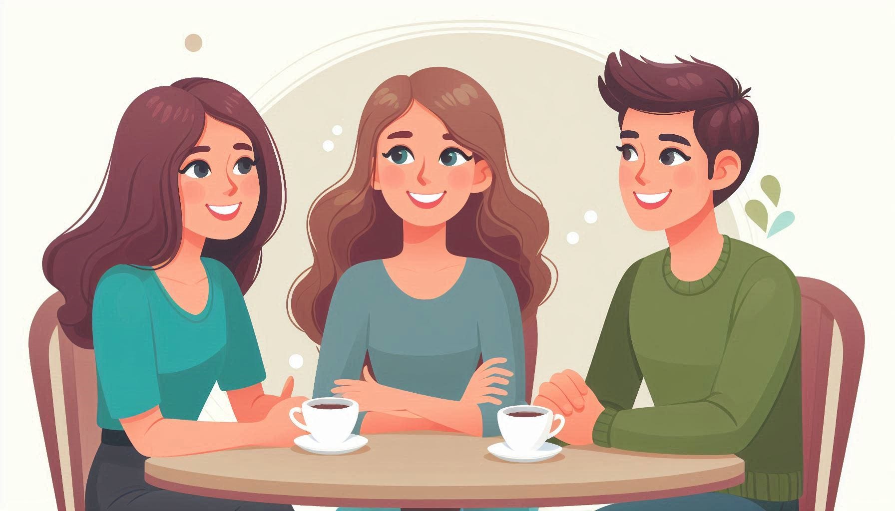 Three friends sit around a table have a chat one woman had shoulder length brown curly hair, one woman has long blond hair and the man has short dark hair. 