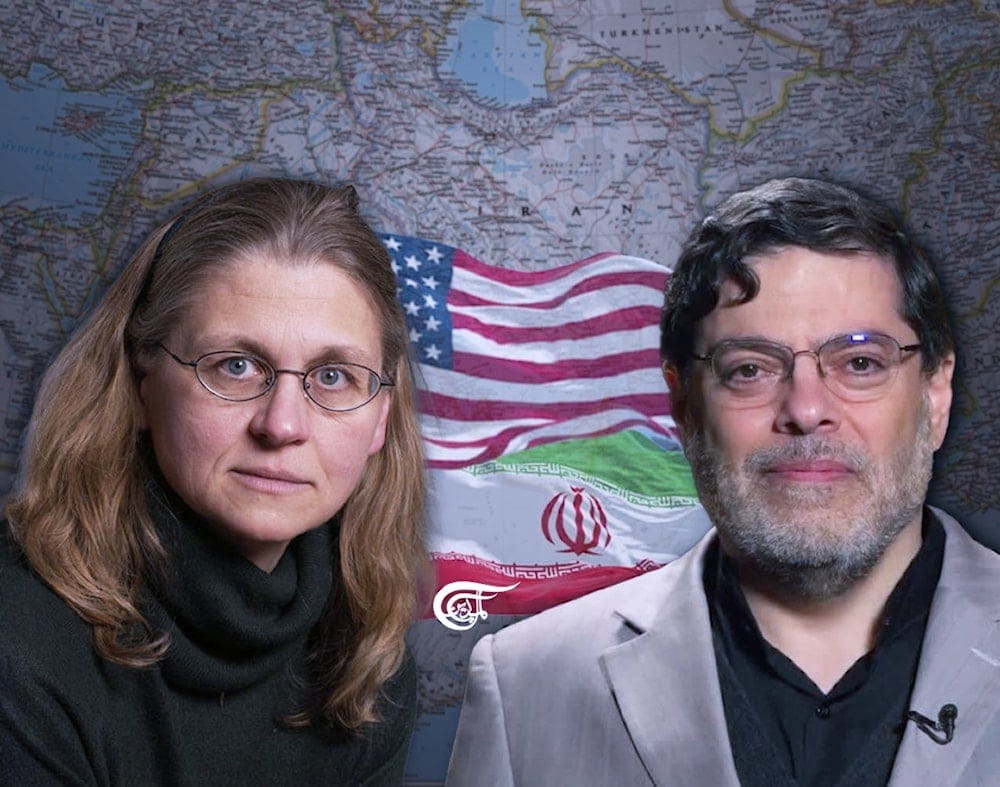 Former Special FBI agent Coleen Rowley, and Iranian Professor of English literature in the University of Tehran Mohammad Marandi, against a backdrop showing a map of West Asia (Al Mayadeen) Former Special FBI agent Coleen Rowley, and Iranian Professor of English literature in the University of Tehran Mohammad Marandi, against a backdrop showing a map of West Asia (Al Mayadeen)