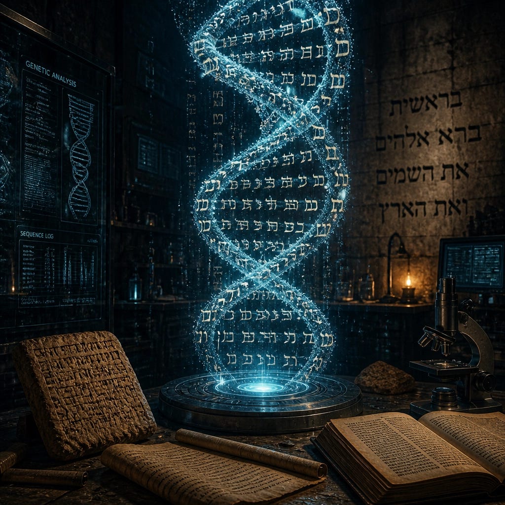 A gritty laboratory setting with a holographic double helix glowing with ancient Hebrew symbols.
