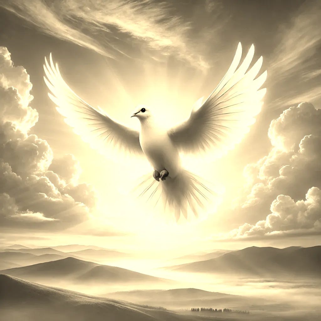 A serene and symbolic representation of freedom featuring a dove in flight. The dove, pure white and glowing softly, soars through a vast sky filled with warm sunlight and gentle clouds. Its wings are wide open, radiating a sense of peace, liberation, and hope. Below, the landscape transitions from mountains to open fields, symbolizing endless possibilities and harmony. The atmosphere is uplifting and tranquil, with soft hues of blue, gold, and white dominating the scene. The image emphasizes simplicity and the universal symbolism of the dove as a messenger of freedom and peace.