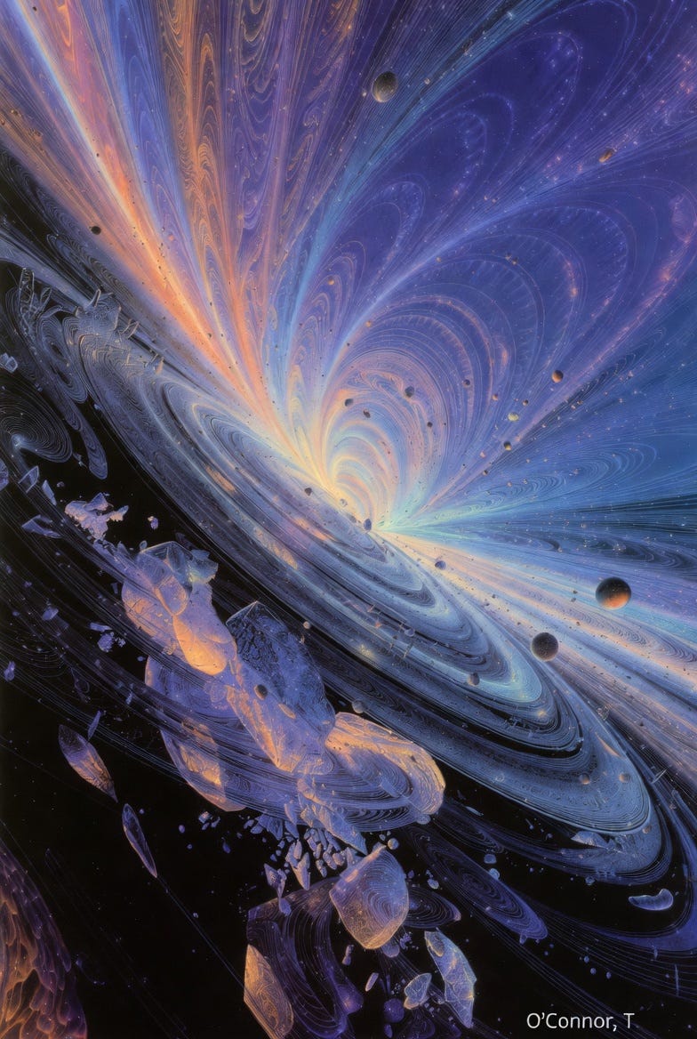 A technical illustration of abstract cosmological concept "A Spectral Evolution of Scalar Breathing" by O’Connor, featuring swirling ethereal forms in deep blues and purples.