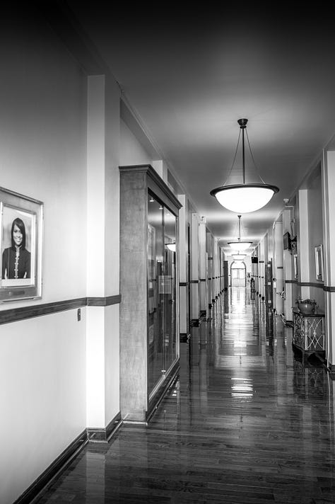 scenes from around campus including a dedication from the Class of 1977, a poem about the alma mater, historical markers, and images of historical hallway in admin building