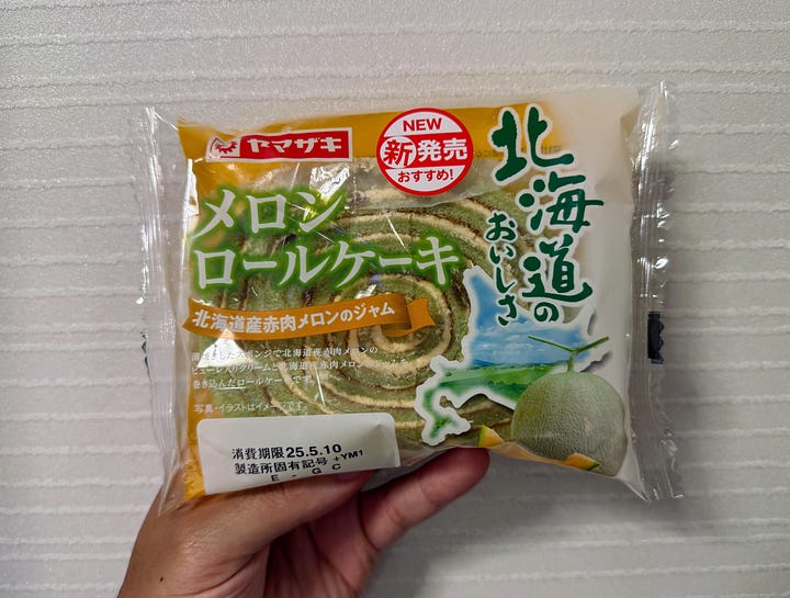 Melon roll, soda, and freeze dried melon