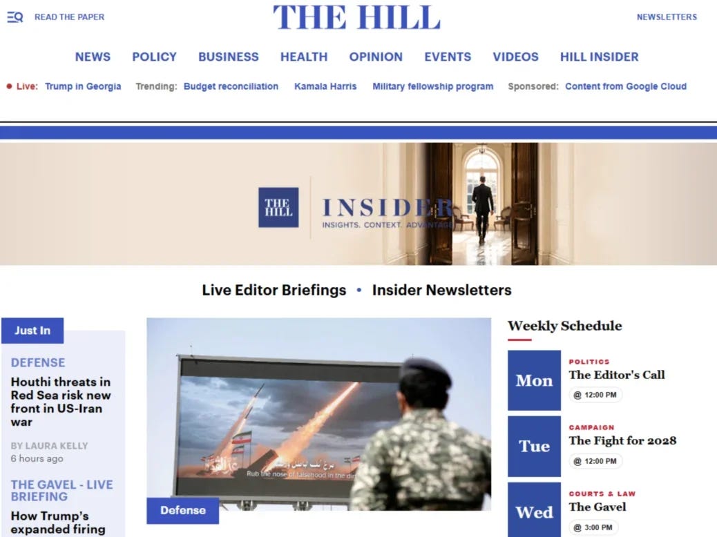 The Hill Insider subscription section homepage on 23 July 2026 including prominent headings for 'Live Editor Briefings' and 'Insider Newsletters'